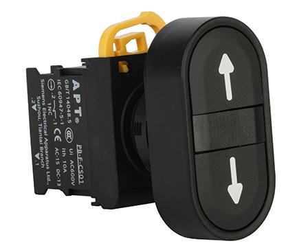 Кнопка двойная APT PB3E, черный/черный, стрелка вверх/вниз, 1NO+1NC, 6A 230VAC/24VDC, без подсветки, 22mm, IP65 Кнопка двойная APT PB3E, черный/черный, стрелка вверх/вниз, 1NO+1NC, 6A 230VAC/24VDC, без подсветки, 22mm, IP65