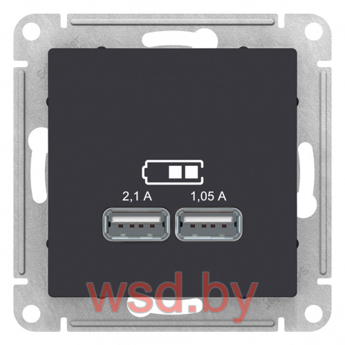 USB Розетка A+A, 5В/2,1 А, 2х5В/1,05 А, механизм, карбон AtlasDesign Schneider Electric. Фото N2