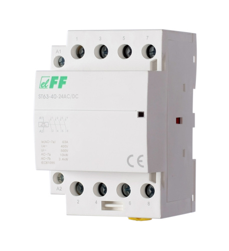 Контактор модульный Евроавтоматика F&F ST63-40-24, AC/DC, 4NO, 6.4 Вт, 3М Контактор модульный Евроавтоматика F&F ST63-40-24, AC/DC, 4NO, 6.4 Вт, 3М