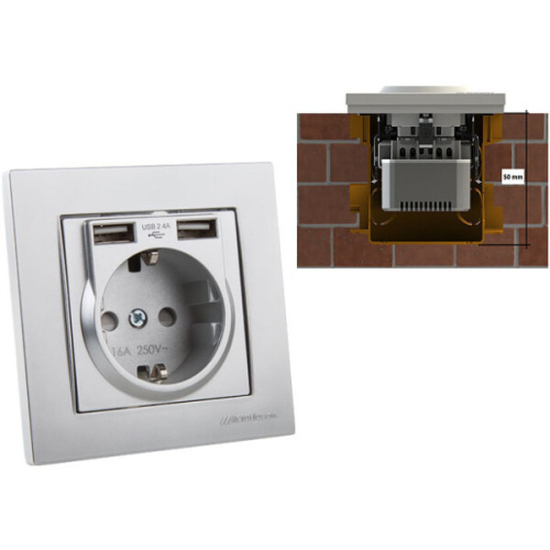 Розетка Mutlusan Rita 2P+E, с 2xUSB Type A 2,4A (однопостовой монтаж в комплекте с рамкой), нерж. сталь