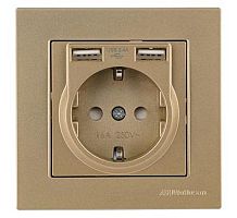 Розетка Mutlusan Rita 2P+E, с 2xUSB Type A 2,4A (однопостовой монтаж в комплекте с рамкой), золото доре