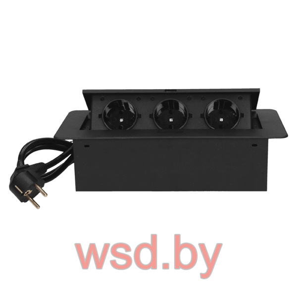 Блок розеточный встраиваемый 3x2P+E со шторками, кабель 1,5m, 3600Вт, металл, черный ORNO