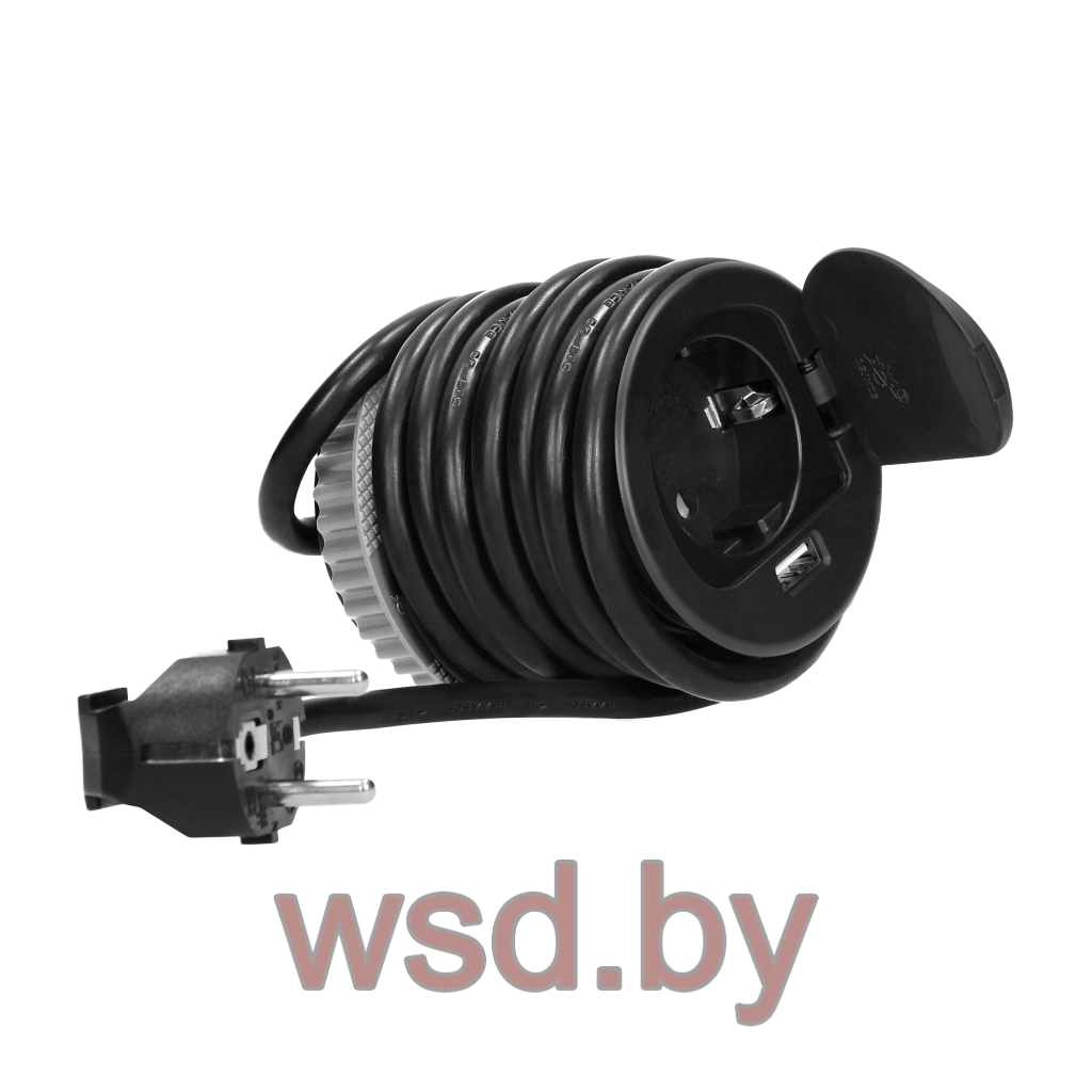Блок розеточный встраиваемый d=60мм, USB 5V 2,4A + 2P+E со шторками, 3680вт, кабель 1,9м, черный. Фото N2