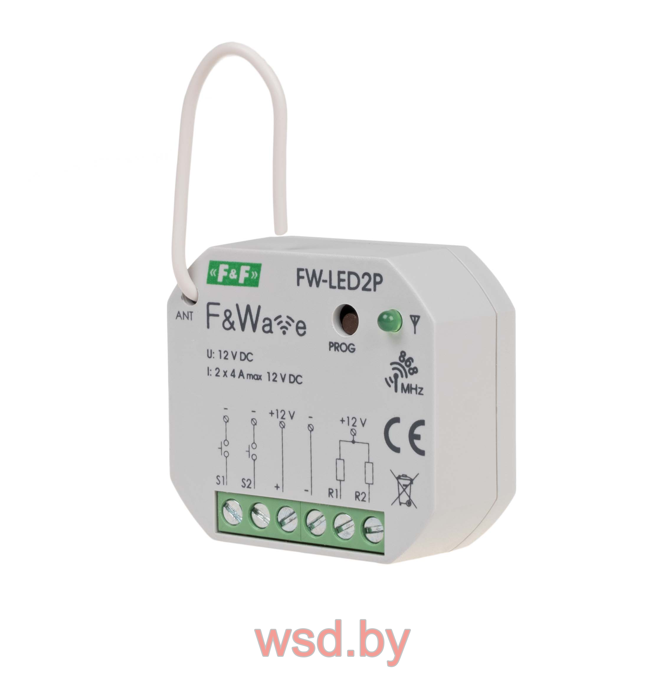 FW-LED2P Двухканальный диммер-реле, для LED ламп и LED лент, soft start, локальное и удаленное управление, до 8 радио передатчиков,  установка в монтажную коробку Ø60мм 85-265В AC/DC 4А 1NO IP20