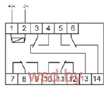 PK-4P-12 Реле электромагнитное (промежуточное) 12В АС/DC, 8А, 4 переключающих, 3 модуля, монтаж на DIN-рейке. Фото N2