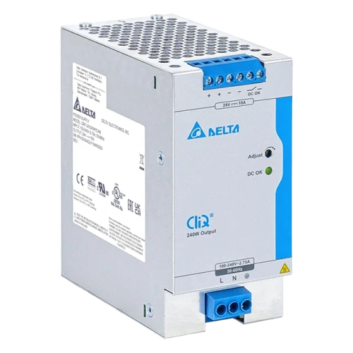 Блок питания импульсный Delta CliQ III, 240W, 10А, 88_264VAC / 24VDC, DIN35, реле DC OK, винт.клеммы, ал.корпус