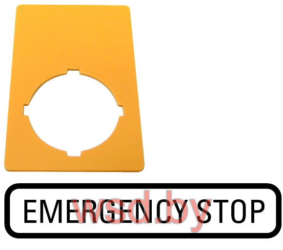 Шильдик желтый M22-XZK-GB99 для кнопок аварийного останова, надпись "EMERGENCY STOP", 50х33мм. Фото N2