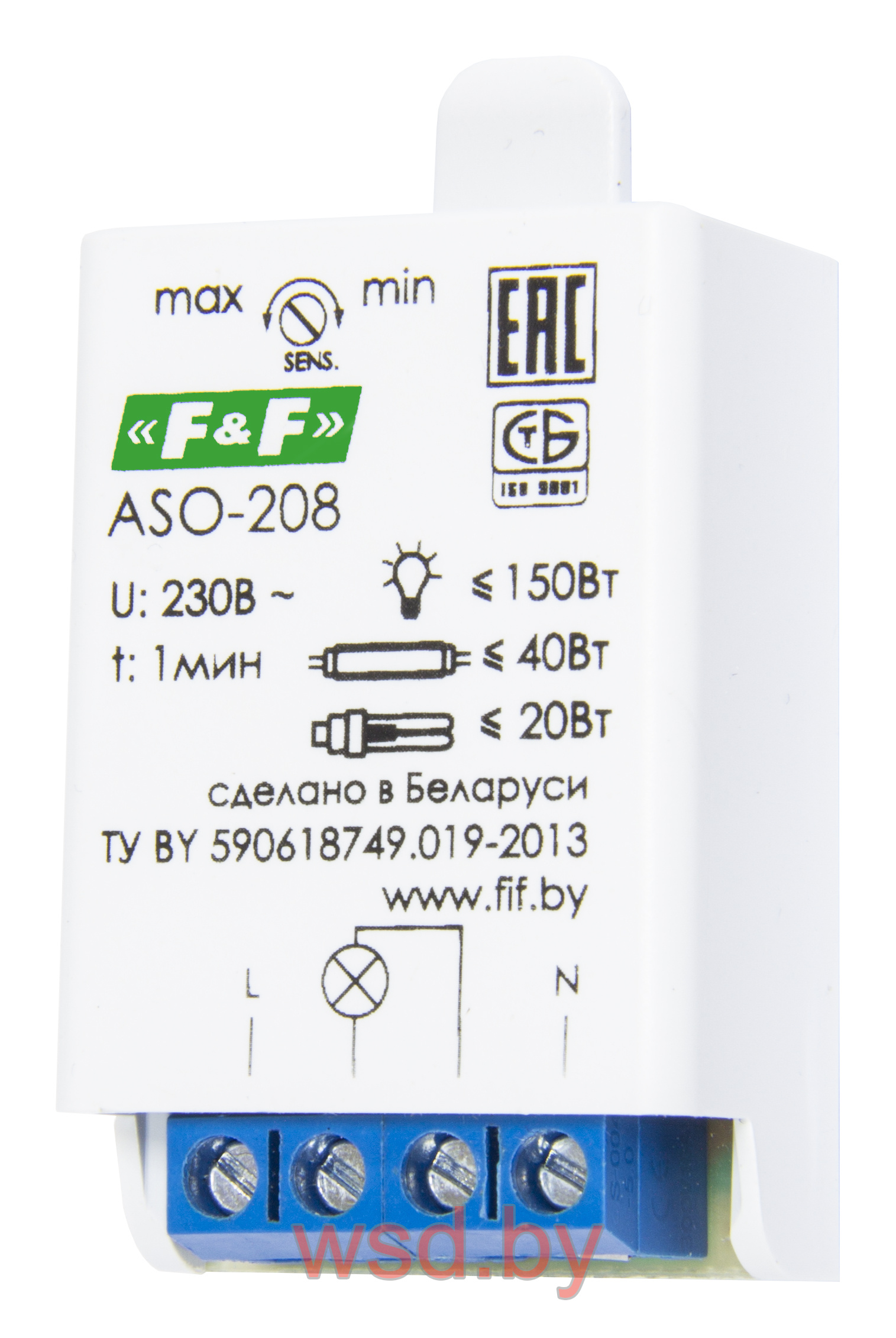 ASO-208 регулируемый акустический порог, фотодатчик, для всех типов ламп, монтаж на плоскость 230В AC 0,6А IP40