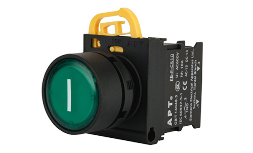 Кнопка плоская APT PB3E, зеленая "I", без фиксации, с подсветкой без LED, 1NO, 6A 230VAC/24VDC, 22mm, IP65