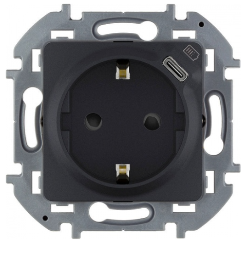 Legrand Inspiria - Розетка 2P+E немецкий стандарт, с USB Type С, 1500mA- 5В (антрацит)