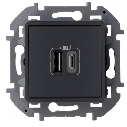 Legrand Inspiria - Зарядное устройство с двумя USB-разъемами Type A + Type C, 3000mA, 5В (антрацит)