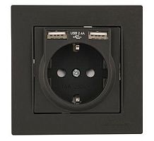 Розетка Mutlusan Rita 2P+E, с 2xUSB Type A 2,4A (однопостовой монтаж в комплекте с рамкой), черный мат