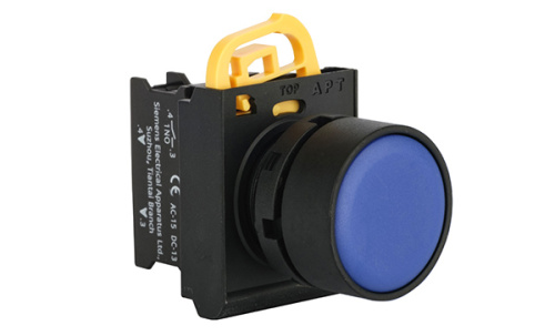 Кнопка плоская APT PB3E, синяя, с фиксацией, без подсветки, 1NO, 6A 230VAC/24VDC, 22mm, IP65 Кнопка плоская APT PB3E, синяя, с фиксацией, без подсветки, 1NO, 6A 230VAC/24VDC, 22mm, IP65