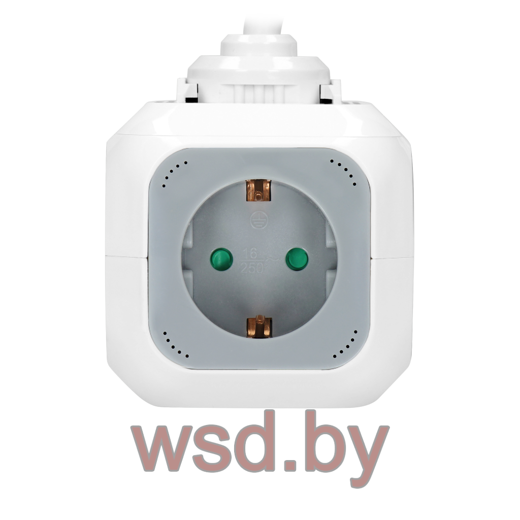 Удлинитель куб, 2хUSB 5V 2,1A + 4x2P+E, со шторками, стандарт, с возможностью накладногомонтажа, кабель 1,4м, серый-белый. Фото N3