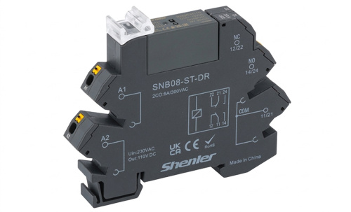 Реле интерфейсное Shenler R2G2CH110 с колодкой SNB08-ST-D, push-in, 2CO, 8A(250VAC/30VDC), 230VAC/DC, LED, W=12.95mm