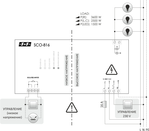 Евроавтоматика F&F SCO-816 Для всех типов ламп, мощность нагрузки до 3,5кВт, напряжение  управления  8-230В AC/DC,  1 модуль, монтаж на DIN-рейке 230В AC 15A IP20 фото 2