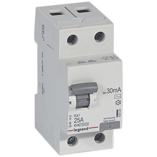 УЗО Legrand RX3, электромеханическое, 2P, 25A, 10kA, 30mA, тип AC, 2M