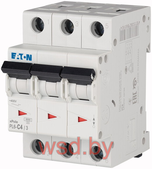 Автоматический выключатель EATON PL6-C4/3, 3P, 4A, C, 6kA, 3M