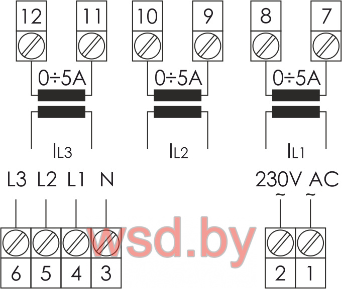 Цифровой указатель DMM-4T  трехфазный, многофункциональный:  U, I, Hz, 12-400В АС, 0,05-5А с внешними ТТ до 9999А, 10-100Гц, монтаж на панель 150-240В AC IP20. Фото N2
