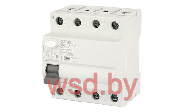 УЗО GEYA GYL9-4P-63A-30mA, 4P, 63A, 6 kA, 30mA, тип AC, 4M