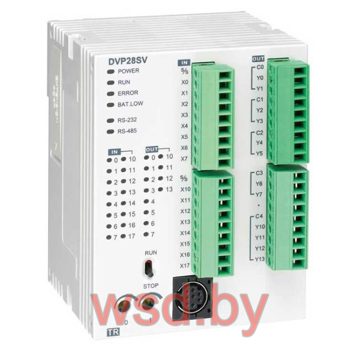 Программируемый логический контроллер DVP28SV11T2, 16DI, 12TO(NPN), 24VDC, 30K шагов, RS232, RS485