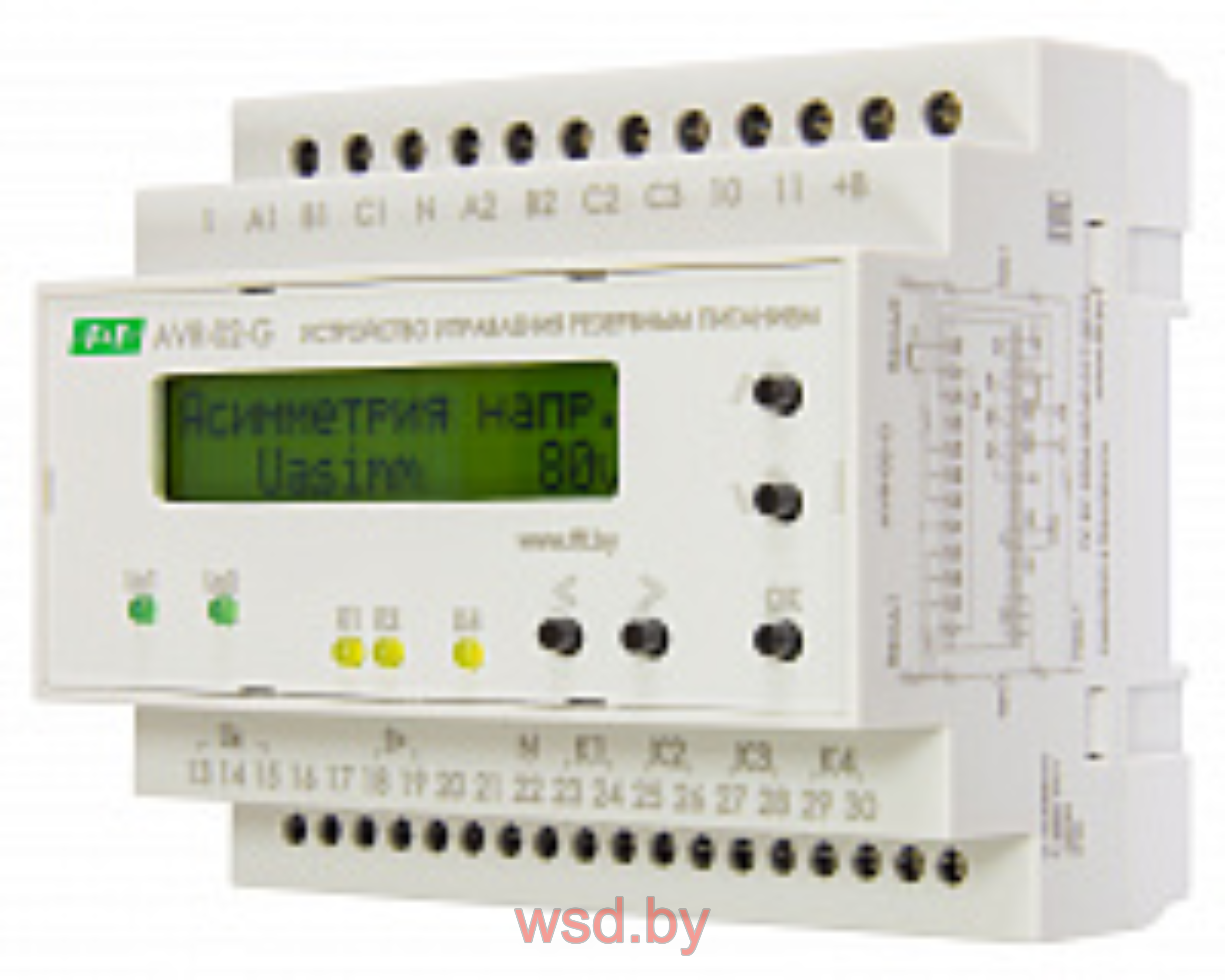 AVR-02-G Устройство управления для работы в блоках АВР-2.0, 2.1, ЖКИ индикатор, управление контакторами и мотор приводами, 6 модулей, монтаж на DIN-рейке 3х400B+N 5х8А  5NO/NC  IP20
