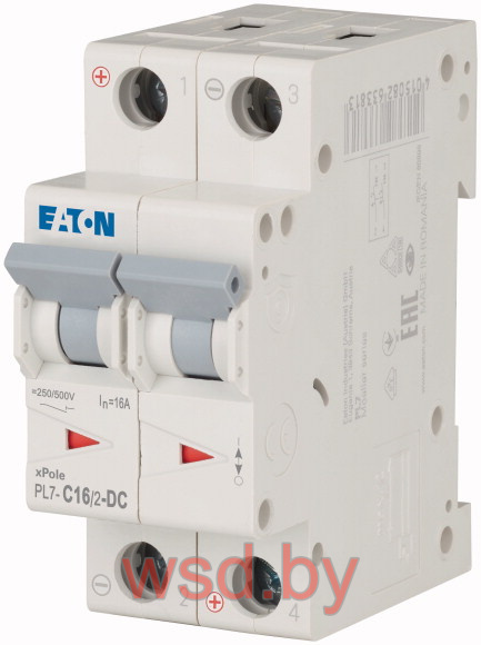 Автоматический выключатель EATON PL7-C16/2-DC, 2P, 16A, C, 10kA, 250VAC/DC, 2M