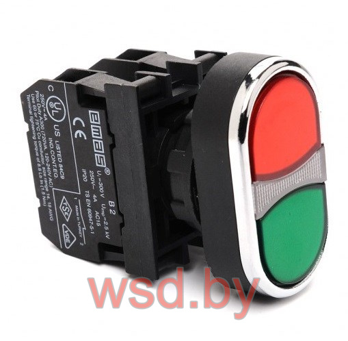 Кнопка двойная CP, красный/зеленый, выступ./плоская, 1NO+1NC, 4A 230V AC15, с линзой, 22mm, IP65