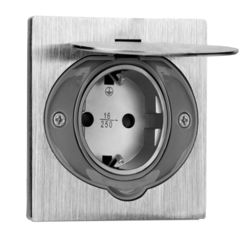 Розетка встраиваемая Zenitech 16A, 2P+E, защитные шторки, IP44, цвет нерж. сталь