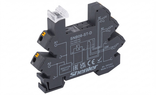Цоколь Shenler SNB08-ST-D, push-in, 2CO, 8A(250VAC/30VDC), 230VAC/DC, LED, W=12.95mm