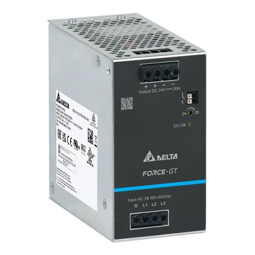 Блок питания импульсный Delta Force-GT, 480W, 20А, 3(2)х320(340)_575VAC (450_800VDC) / 24VDC, DIN35, реле DC OK, винт.клеммы, ал.корпус