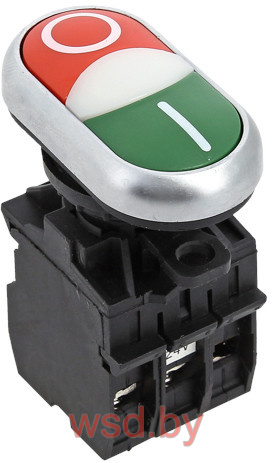 Кнопка двойная PB3E, красный/зеленый, выступ./плоская, 1NO+1NC, 6A 230VAC/24VDC, с подсветкой без LED, 22mm, IP65