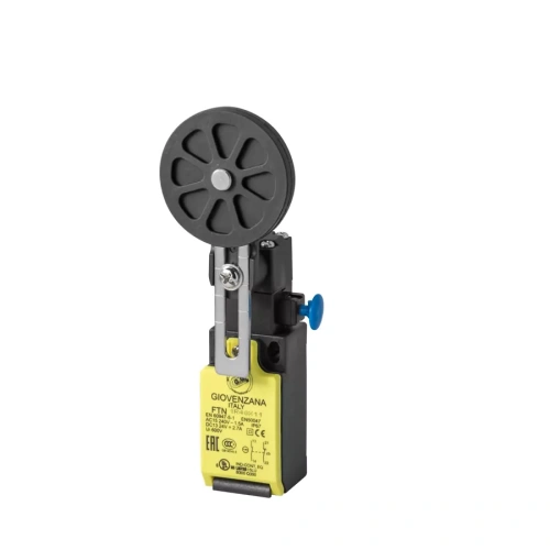Концевой выключатель с ручным сбросом и регулируемым коротким поворотным рычагом с резиновым роликом Ø50 Giovenzana FTN1R40
