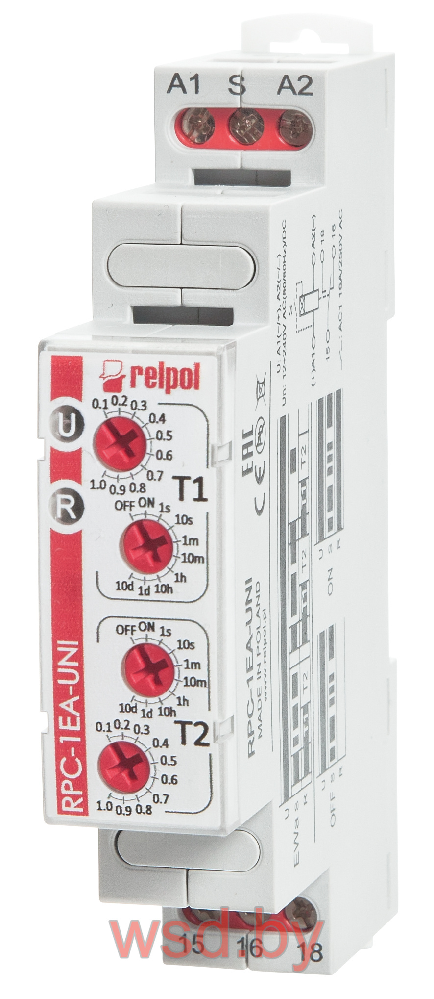 Реле времени RPC-1EA-UNI, 1CO, 16A(250VAC/24VDC), 12_240VAC/DC, 100ms_10d, 1 функция (EWa), независимая регулировка T1 и T2, 1M