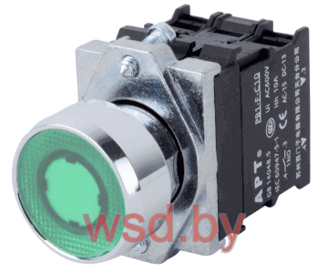 Кнопка плоская PB1S, зеленая, без фиксации, с подсветкой без LED, 1NO, 6A 230VAC/24VDC, 22mm, IP65
