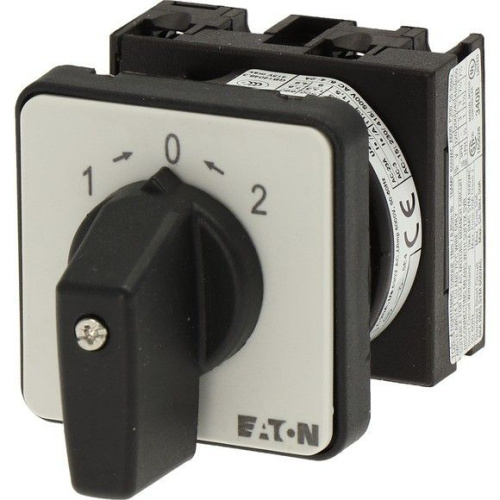 Переключатель полюсов EATON T0-1-8214/E, 1P, 20A, тип 2→0←1, 1NO на 1 и 2, 6.5kW(400VAC), на дверь, фронт IP65 (акция)