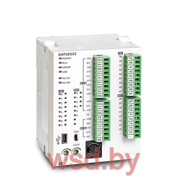 Программируемый логический контроллер DVP20SX211T, 8DI, 6TO(NPN), 4AI, 2AO, 24VDC, 16K шагов, RS232, RS485, USB