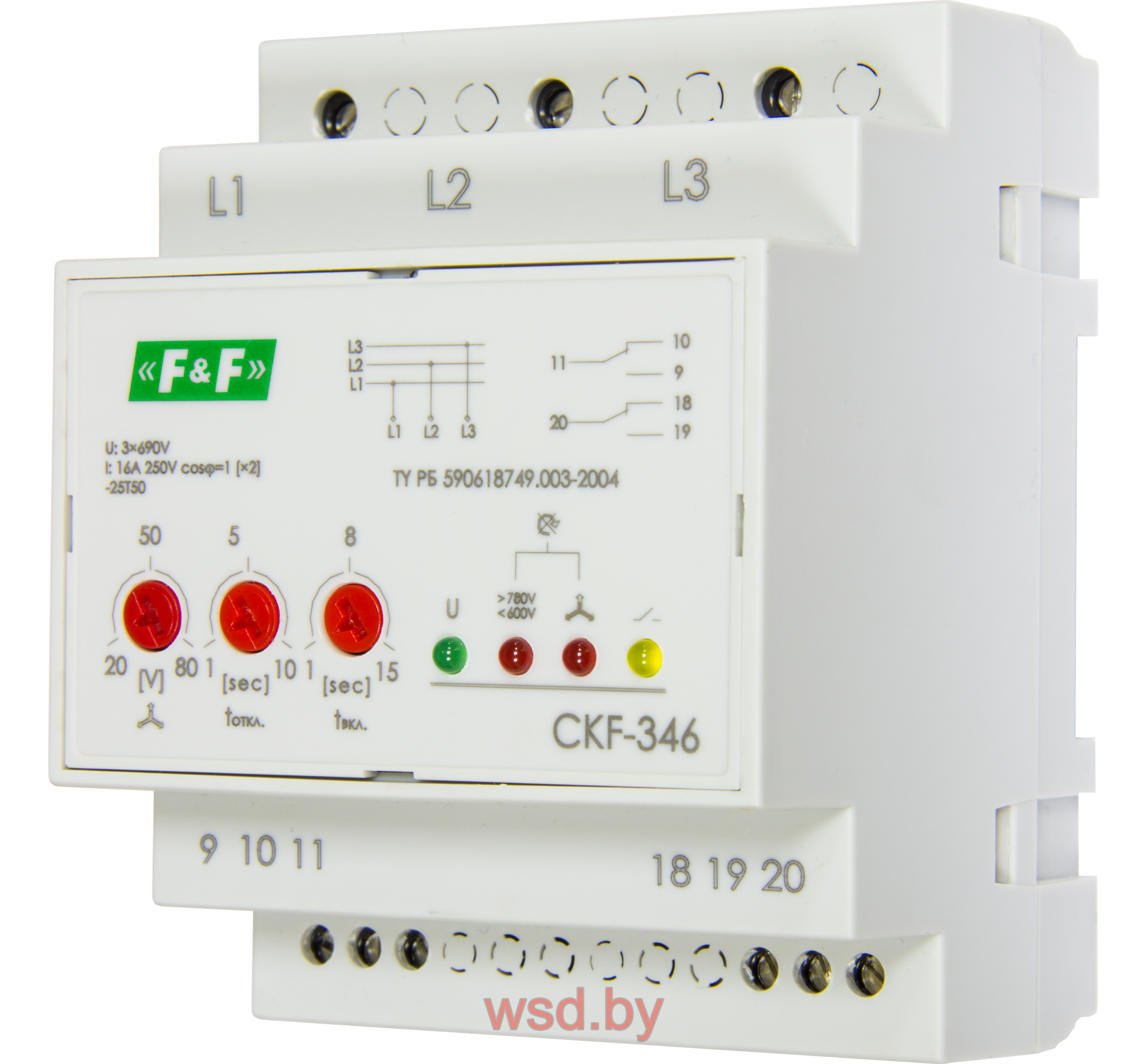 CKF-346 Автомат защиты электродвигателей для сети 3х680В,  регулируемые ассиметрия, контроль чередования фаз, 4 модуля, монтаж на DIN-рейке 3х680В 2х8А 2NO/NC IP20