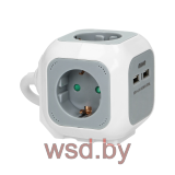 Удлинитель куб, 2хUSB 5V 2,1A + 4x2P+E, со шторками, стандарт, с возможностью накладногомонтажа, кабель 1,4м, серый-белый