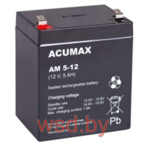 Батарея аккумуляторная Acumax AM5-12, T2, 12V/5Ah, 101(107)x90x70 HxLxW, 1.74kg, 6-9 лет