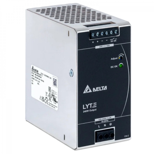Блок питания импульсный Delta Lyte, 240W, 10А, 85_264VAC (120_375VDC) / 24VDC, DIN35, реле DC OK, винт. клеммы, сталь. корпус