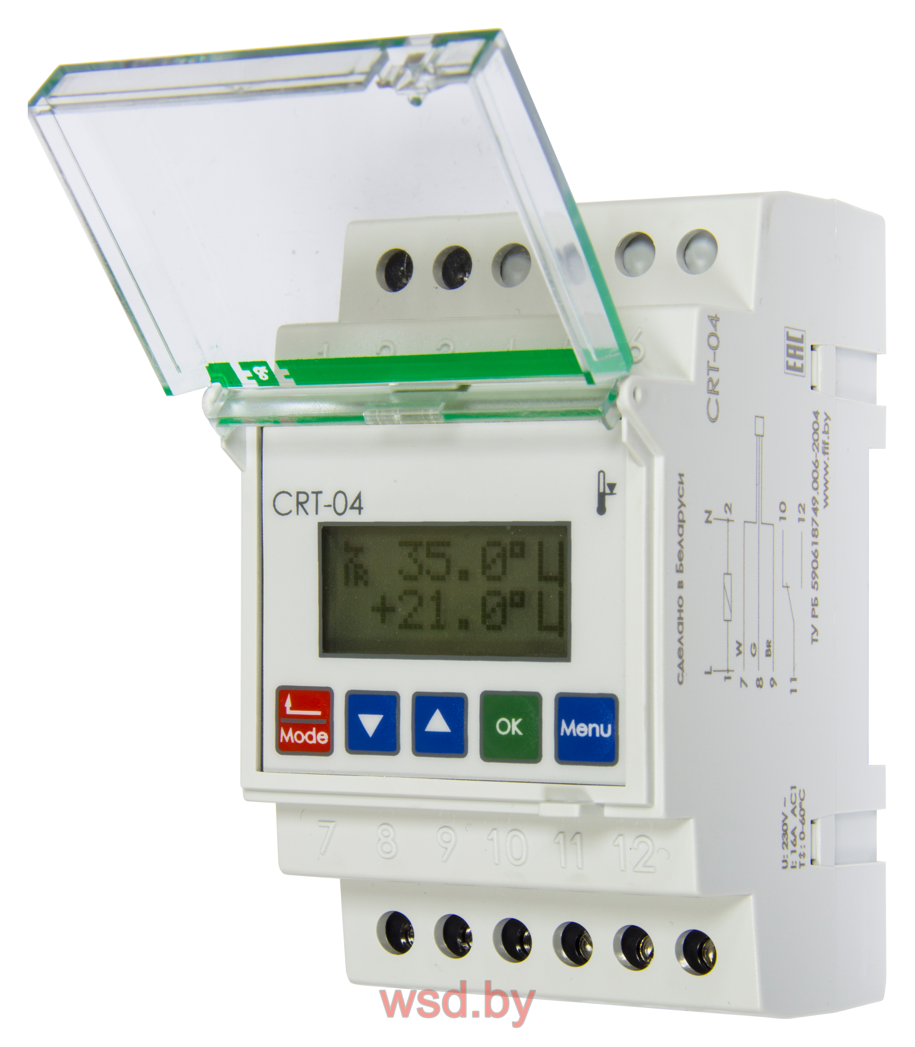CRT-04 Регулятор температуры цифровой 230 B, от 0 до +60, гистерезис 1-10 гр, 8 программ, суточный/недельный таймер, 1NO/NC,16 А.