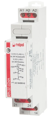 Реле Relpol RPI-2Z-U24A, 2NO, 8A(250VAC/24VDC), 120A(20ms), 230VAC/24VAC/24VDC, LED, 1M