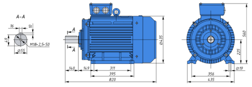 A225M2 55кВт 3000об/мин Электродвигатель IM 1081 (лапы) фото 2