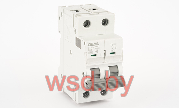 Автоматический выключатель GEYA GYM9-2P-63D, 2P, 63A, хар-ка D, 6kA, 2M