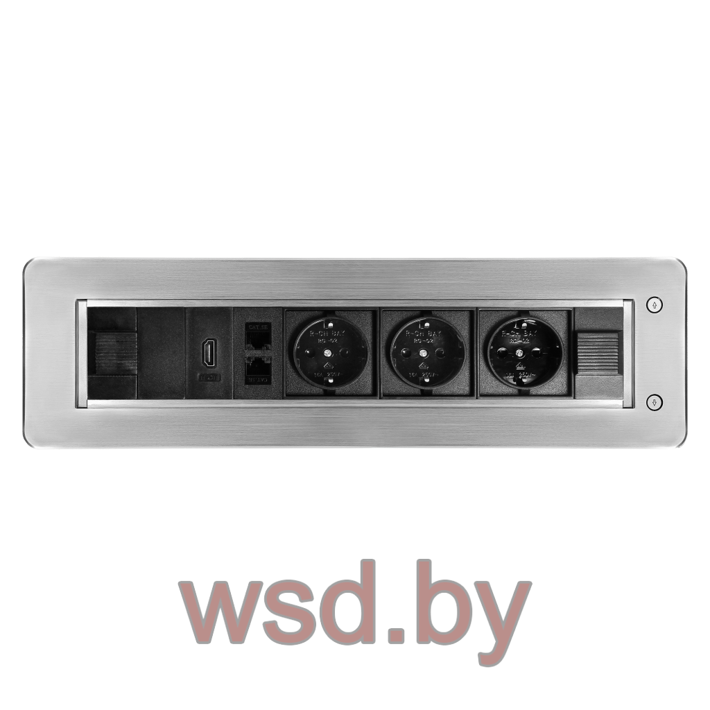 Блок розеточный встраиваемый  2хRJ45 кат. 5e UTP + HDMI + 2x2P+E со шторками, с электроприводом, кабель 2м, 3680вт, алюминий.. Фото N2