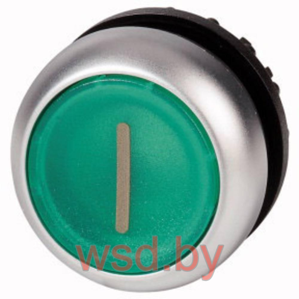 Кнопка плоская PB3E, зеленая "I", без фиксации, с подсветкой без LED, 1NO, 6A 230VAC/24VDC, 22mm, IP65
