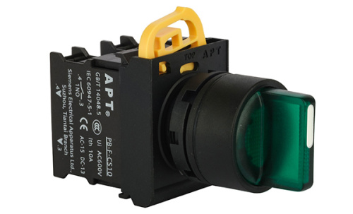 Переключатель APT PB3E, зеленый, I->0<-II, возврат, 2NO, 6A 230VAC/24VDC, с подсветкой без LED, 22mm, IP65 Переключатель APT PB3E, зеленый, I->0<-II, возврат, 2NO, 6A 230VAC/24VDC, с подсветкой без LED, 22mm, IP65