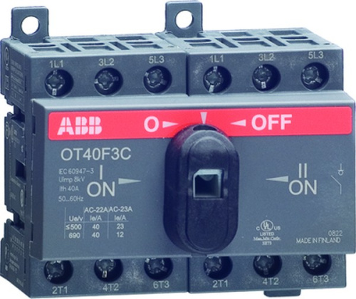 Выключатель нагрузки ABB реверсивный OT40F3C, 3P, схема I-0-II, без рукоятки Выключатель нагрузки ABB реверсивный OT40F3C, 3P, схема I-0-II, без рукоятки