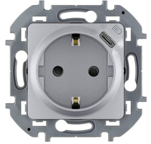 Legrand Inspiria - Розетка 2P+E немецкий стандарт с USB Type С, 1500mA- 5В (алюминий)